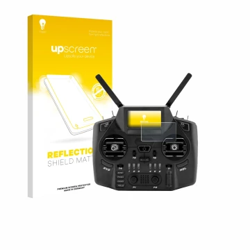 Parte frontal de un envase de producto con el logotipo de la marca upscreen. Al lado se muestra el dispositivo Radiomaster GX1