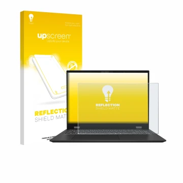 Parte frontal de un envase de producto con el logotipo de la marca upscreen. Al lado se muestra el dispositivo MSI Prestige 16