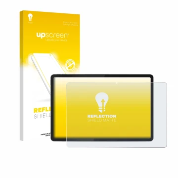 Parte frontal de un envase de producto con el logotipo de la marca upscreen. Al lado se muestra el dispositivo Lenovo Tab K11 