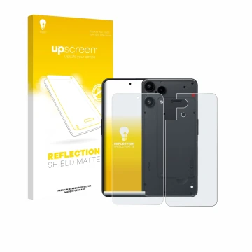 Parte frontal de un envase de producto con el logotipo de la marca upscreen. Al lado se muestra el dispositivo Nothing Phone (