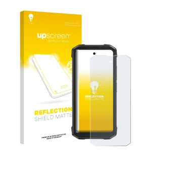 Parte frontal de un envase de producto con el logotipo de la marca upscreen. Al lado se muestra el dispositivo Cubot King Kong