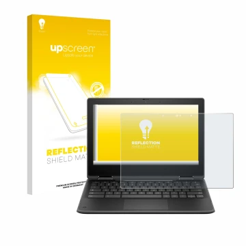 Parte frontal de un envase de producto con el logotipo de la marca upscreen. Al lado se muestra el dispositivo HP Fortis Flip 