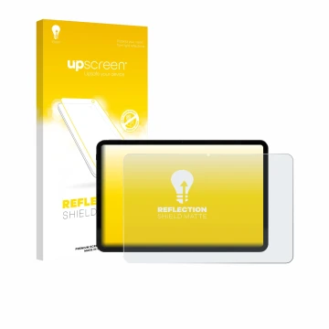 Parte frontal de un envase de producto con el logotipo de la marca upscreen. Al lado se muestra el dispositivo Volla Tablet 12