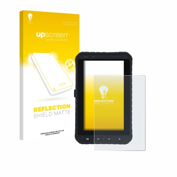 Parte frontal de un envase de producto con el logotipo de la marca upscreen. Al lado se muestra el dispositivo Winmate M700DQ8