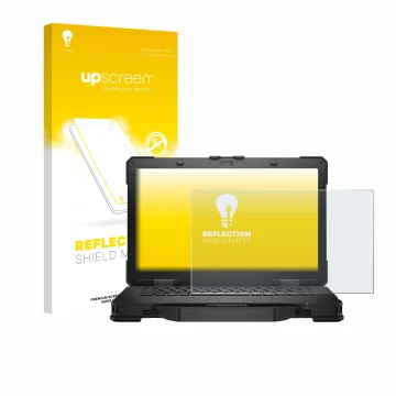 Parte frontal de un envase de producto con el logotipo de la marca upscreen. Al lado se muestra el dispositivo Dell Pro Rugged