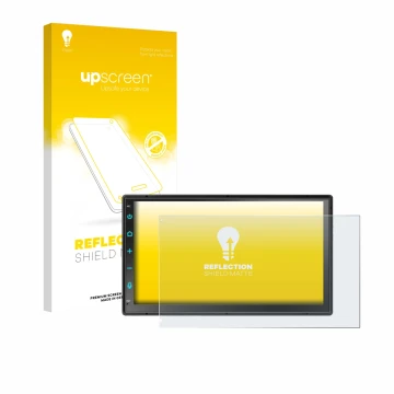 Parte frontal de un envase de producto con el logotipo de la marca upscreen. Al lado se muestra el dispositivo Atoto F7 WE F7G