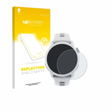 Parte frontal de un envase de producto con el logotipo de la marca upscreen. Al lado se muestra el dispositivo Coros Pace 4 co