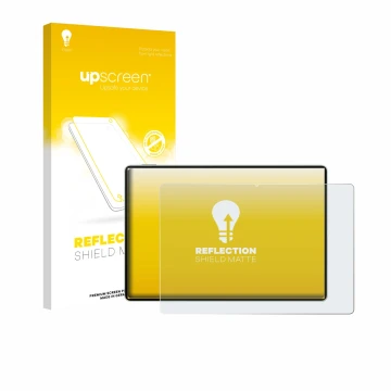 Parte frontal de un envase de producto con el logotipo de la marca upscreen. Al lado se muestra el dispositivo Huawei MatePad 