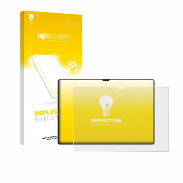 Parte frontal de un envase de producto con el logotipo de la marca upscreen. Al lado se muestra el dispositivo Huawei MatePad 