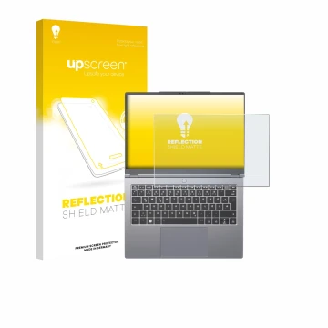 Parte frontal de un envase de producto con el logotipo de la marca upscreen. Al lado se muestra el dispositivo Tuxedo Infinity