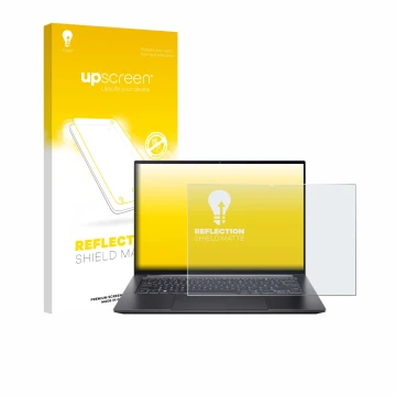 Parte frontal de un envase de producto con el logotipo de la marca upscreen. Al lado se muestra el dispositivo Acer Swift X 14