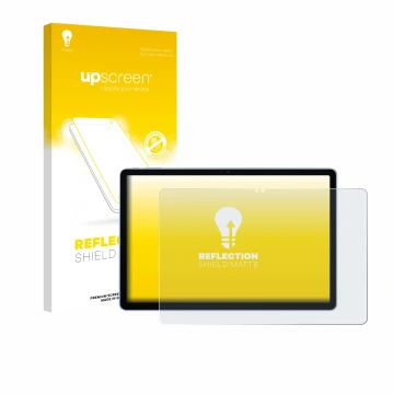Parte frontal de un envase de producto con el logotipo de la marca upscreen. Al lado se muestra el dispositivo Itel VistaTab 3