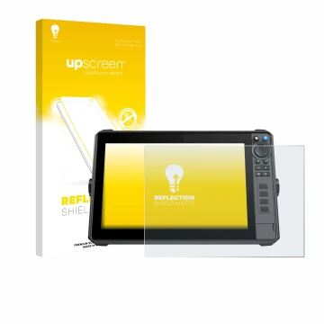 Parte frontal de un envase de producto con el logotipo de la marca upscreen. Al lado se muestra el dispositivo Lowrance HDS-12
