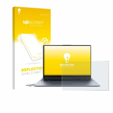 Parte frontal de un envase de producto con el logotipo de la marca upscreen. Al lado se muestra el dispositivo Huawei MateBook