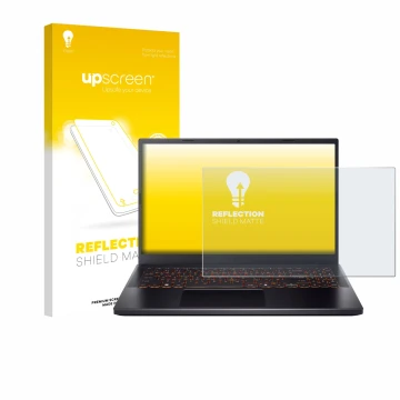 Parte frontal de un envase de producto con el logotipo de la marca upscreen. Al lado se muestra el dispositivo Acer Nitro V 15