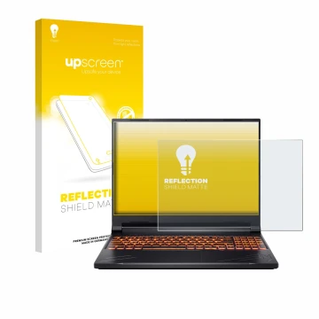Parte frontal de un envase de producto con el logotipo de la marca upscreen. Al lado se muestra el dispositivo Acer Nitro V 16