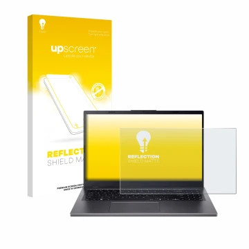Parte frontal de un envase de producto con el logotipo de la marca upscreen. Al lado se muestra el dispositivo Acer Aspire 15 