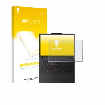 Parte frontal de un envase de producto con el logotipo de la marca upscreen. Al lado se muestra el dispositivo Lenovo ThinkPad