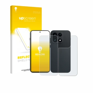 Parte frontal de un envase de producto con el logotipo de la marca upscreen. Al lado se muestra el dispositivo OnePlus 15 (Fro