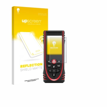 Parte frontal de un envase de producto con el logotipo de la marca upscreen. Al lado se muestra el dispositivo Leica DISTO X3 