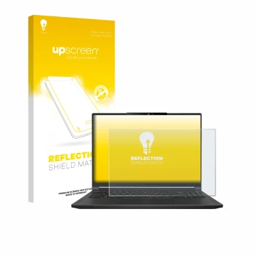 Parte frontal de un envase de producto con el logotipo de la marca upscreen. Al lado se muestra el dispositivo MSI Stealth A16