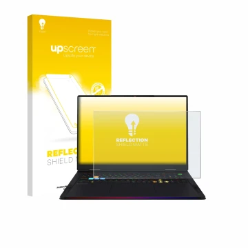 Parte frontal de un envase de producto con el logotipo de la marca upscreen. Al lado se muestra el dispositivo MSI Raider A18 