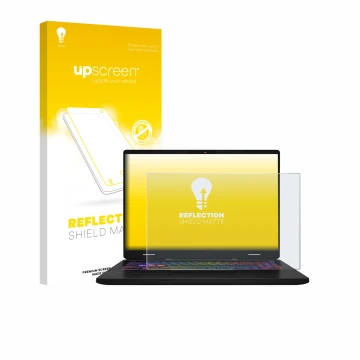 Parte frontal de un envase de producto con el logotipo de la marca upscreen. Al lado se muestra el dispositivo MSI Vector 16 H