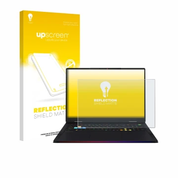 Parte frontal de un envase de producto con el logotipo de la marca upscreen. Al lado se muestra el dispositivo MSI Raider 18 H