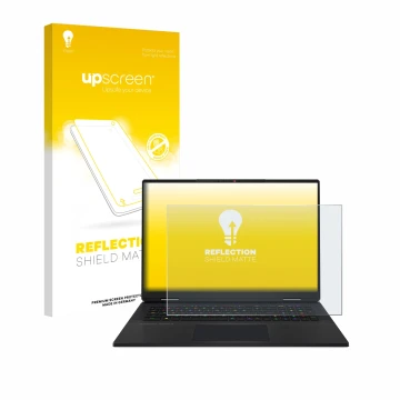 Parte frontal de un envase de producto con el logotipo de la marca upscreen. Al lado se muestra el dispositivo MSI Titan 18 HX