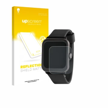 Parte frontal de un envase de producto con el logotipo de la marca upscreen. Al lado se muestra el dispositivo Sector Smartwat