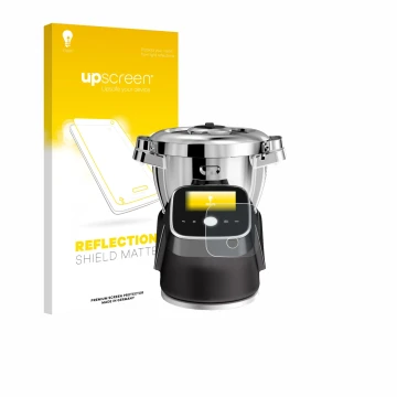Parte frontal de un envase de producto con el logotipo de la marca upscreen. Al lado se muestra el dispositivo Moulinex i-Comp