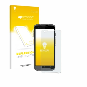 Parte frontal de un envase de producto con el logotipo de la marca upscreen. Al lado se muestra el dispositivo Newland MT93 co
