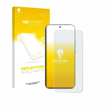 Parte frontal de un envase de producto con el logotipo de la marca upscreen. Al lado se muestra el dispositivo Oppo Reno 15 Pr