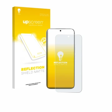 Parte frontal de un envase de producto con el logotipo de la marca upscreen. Al lado se muestra el dispositivo Honor 500 con s