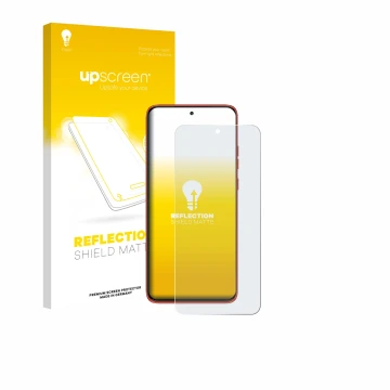 Parte frontal de un envase de producto con el logotipo de la marca upscreen. Al lado se muestra el dispositivo Motorola Edge 6