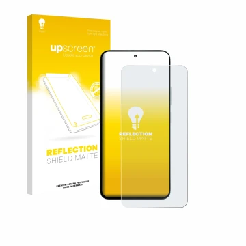 Parte frontal de un envase de producto con el logotipo de la marca upscreen. Al lado se muestra el dispositivo Xiaomi Poco M7 