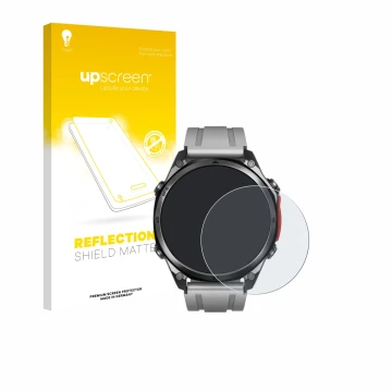 Parte frontal de un envase de producto con el logotipo de la marca upscreen. Al lado se muestra el dispositivo Doogee Anywise 