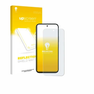 Parte frontal de un envase de producto con el logotipo de la marca upscreen. Al lado se muestra el dispositivo Honor X6c con s