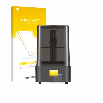 Parte frontal de un envase de producto con el logotipo de la marca upscreen. Al lado se muestra el dispositivo Anycubic Photon