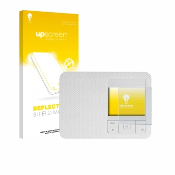 Parte frontal de un envase de producto con el logotipo de la marca upscreen. Al lado se muestra el dispositivo Canon Selphy CP