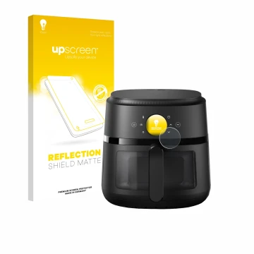 Parte frontal de un envase de producto con el logotipo de la marca upscreen. Al lado se muestra el dispositivo Philips Airfrye