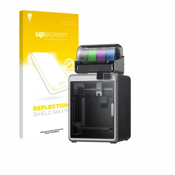 Parte frontal de un envase de producto con el logotipo de la marca upscreen. Al lado se muestra el dispositivo Creality K2 con