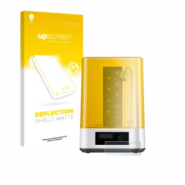 Parte frontal de un envase de producto con el logotipo de la marca upscreen. Al lado se muestra el dispositivo Anycubic Wash &