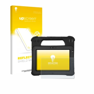 Parte frontal de un envase de producto con el logotipo de la marca upscreen. Al lado se muestra el dispositivo Zebra XPad L10a