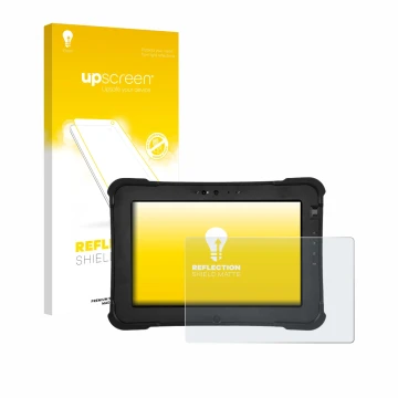 Parte frontal de un envase de producto con el logotipo de la marca upscreen. Al lado se muestra el dispositivo Zebra XSlate L1