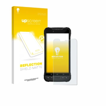 Parte frontal de un envase de producto con el logotipo de la marca upscreen. Al lado se muestra el dispositivo Zebra Xplore M6