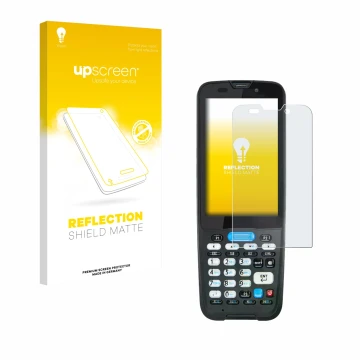 Parte frontal de un envase de producto con el logotipo de la marca upscreen. Al lado se muestra el dispositivo Unitech HT330 c