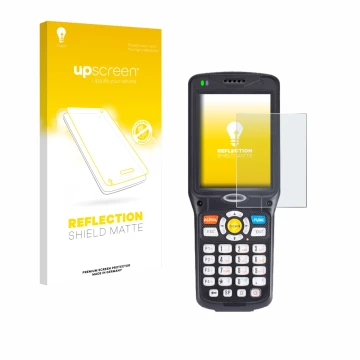 Parte frontal de un envase de producto con el logotipo de la marca upscreen. Al lado se muestra el dispositivo Unitech HT510A 