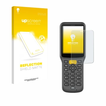 Parte frontal de un envase de producto con el logotipo de la marca upscreen. Al lado se muestra el dispositivo Newland MT37 Ba