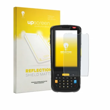 Parte frontal de un envase de producto con el logotipo de la marca upscreen. Al lado se muestra el dispositivo Newland MT65 Be